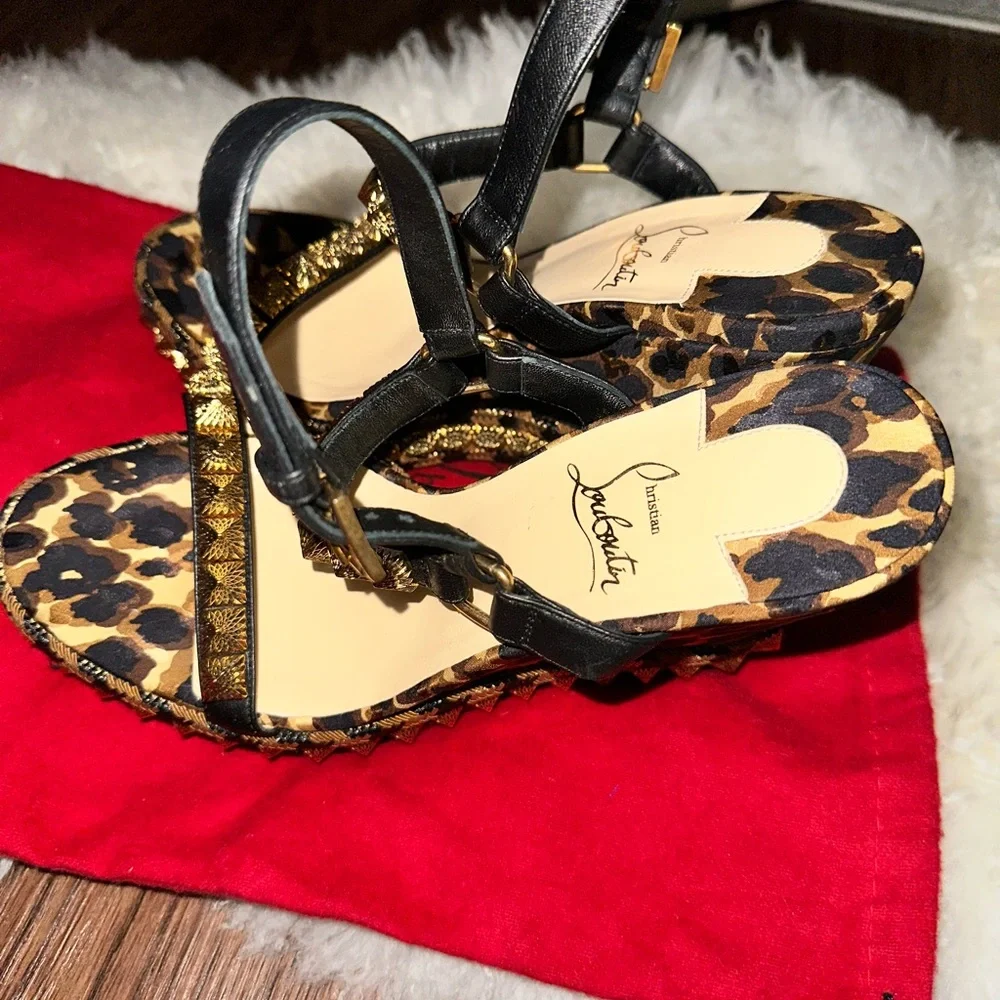 Christian Louboutin Black & Leopard Studded Wedge Sandals